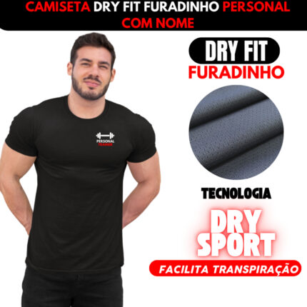 Camiseta Masculina Personal Trainer Dry Fit Sport Furadinho Com Seu Nome